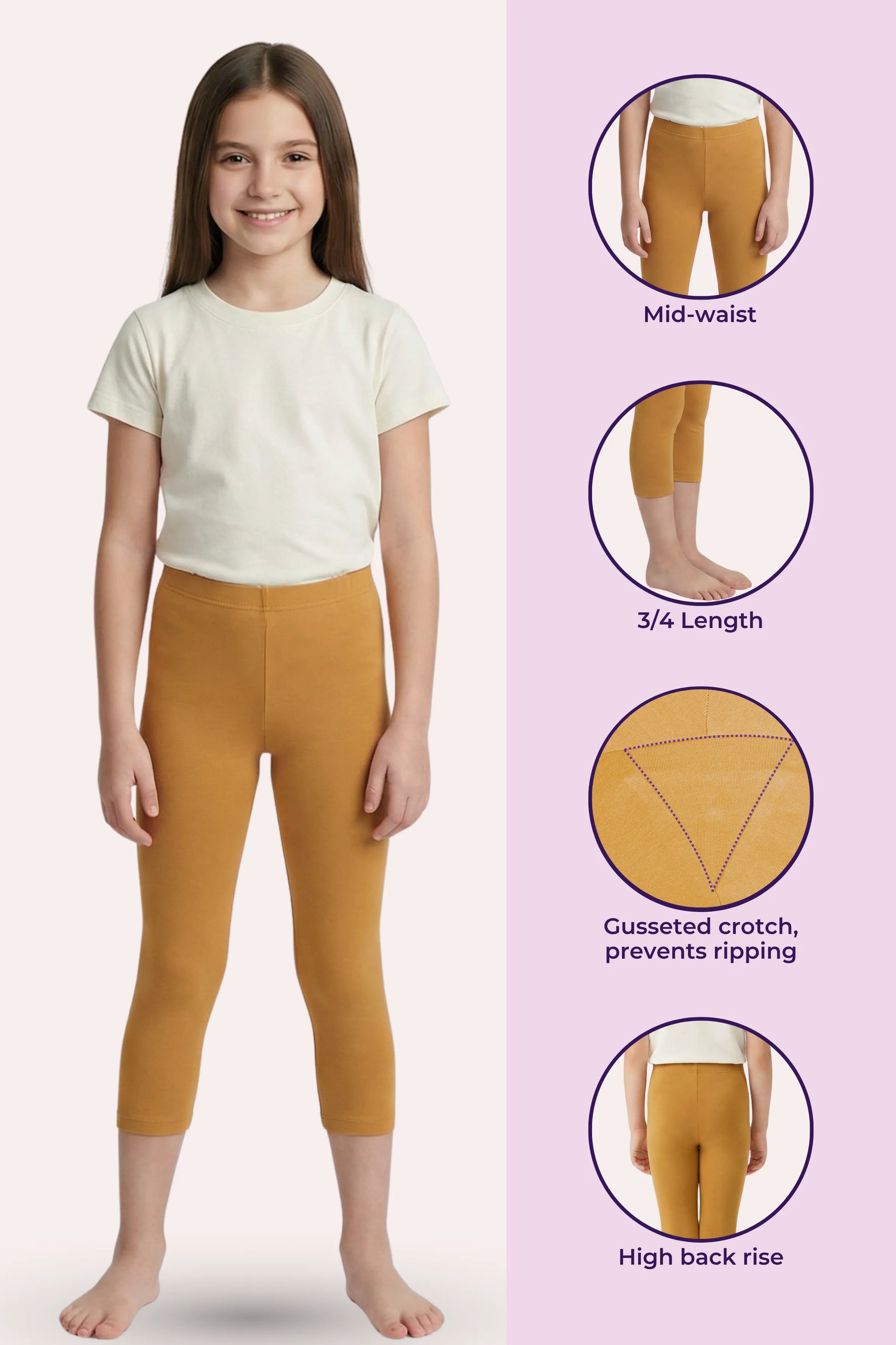 Teen Girl wearing mustard yellow leggings -product features - pink