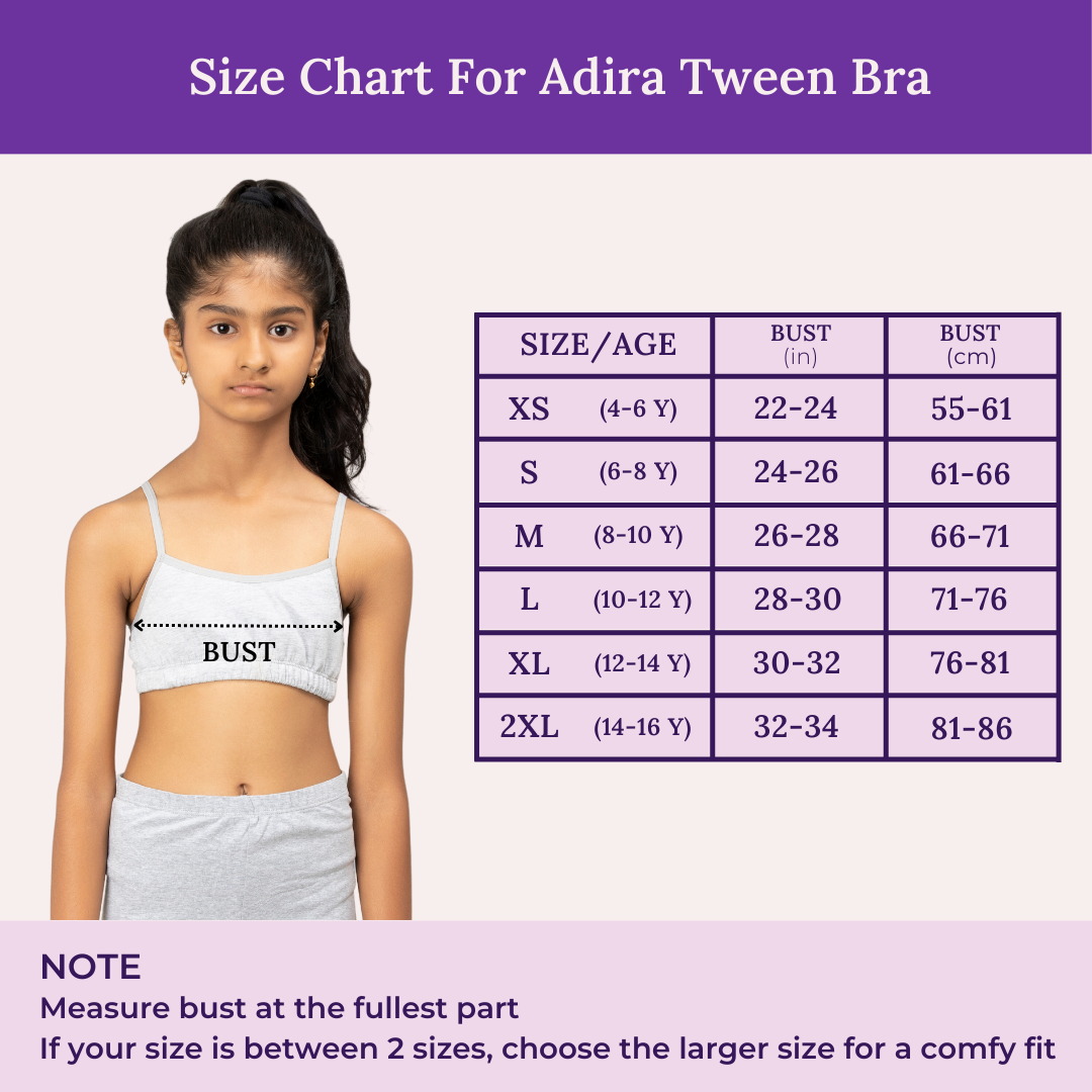 Size Chart For Adira Tween Bra 