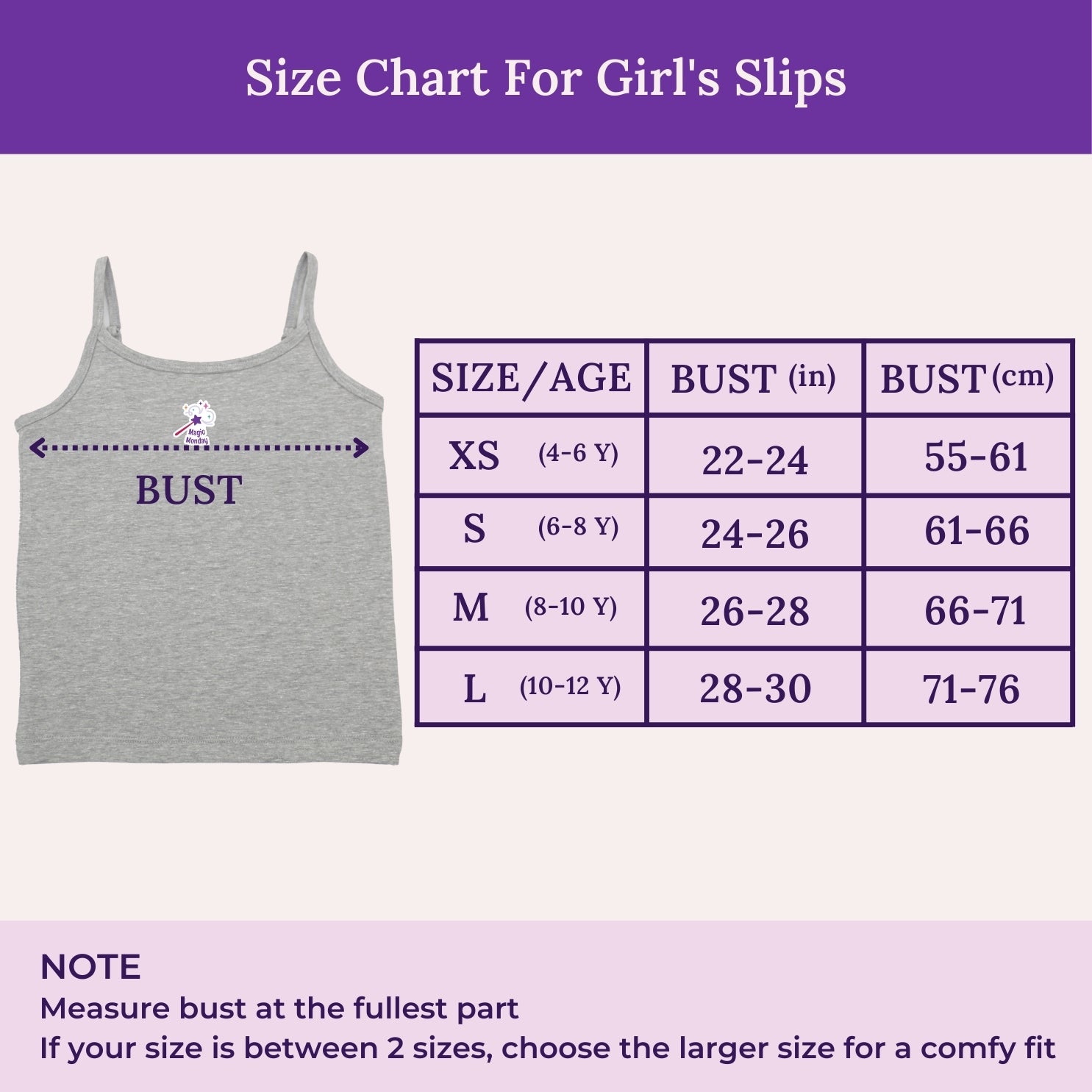 Size Chart For Girl's Slips