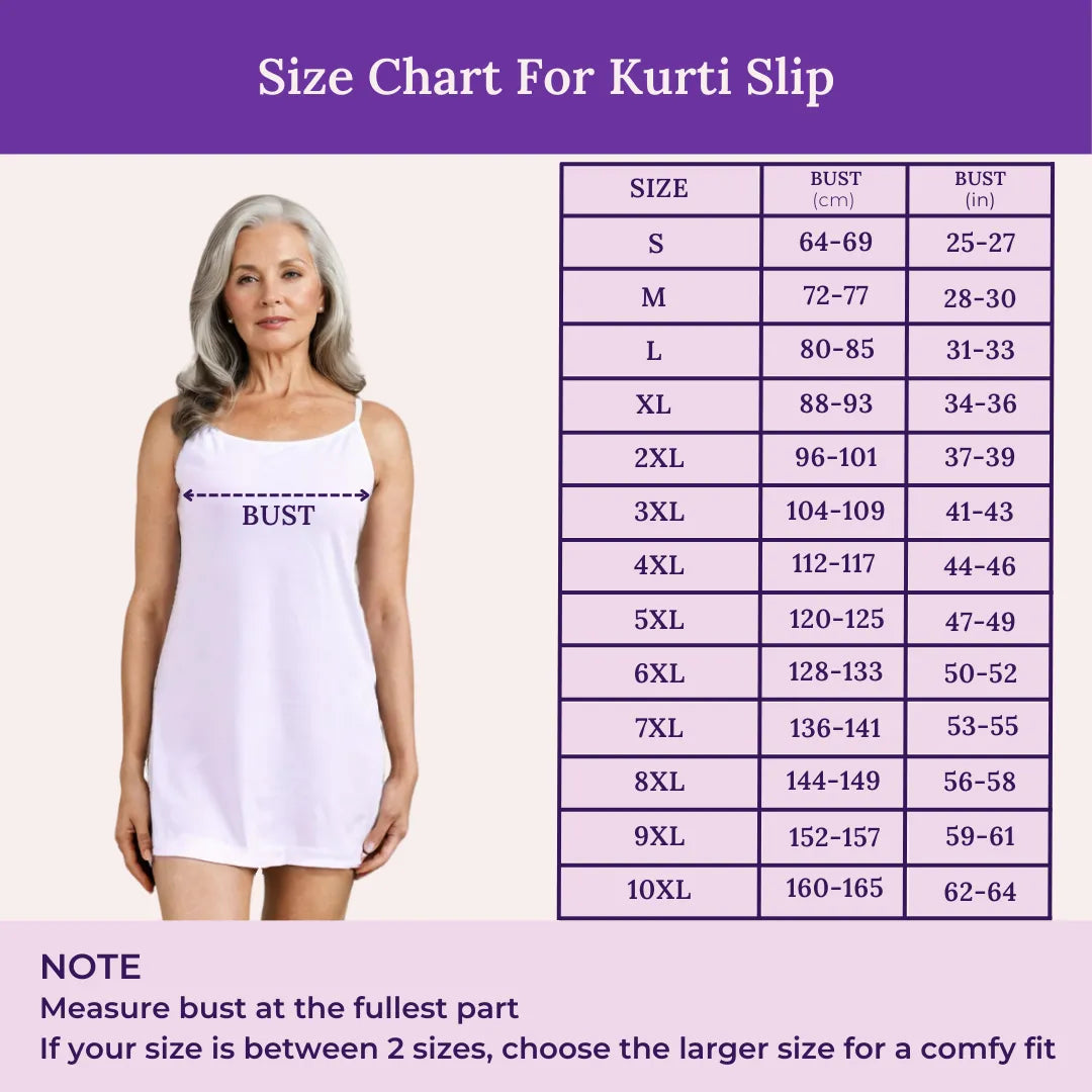 Size Chart For Kurti Slip Adjustable Strap For Seniors