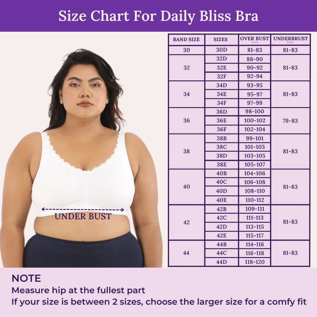 Size Chart For Plus Size Daily Bliss Bra - White