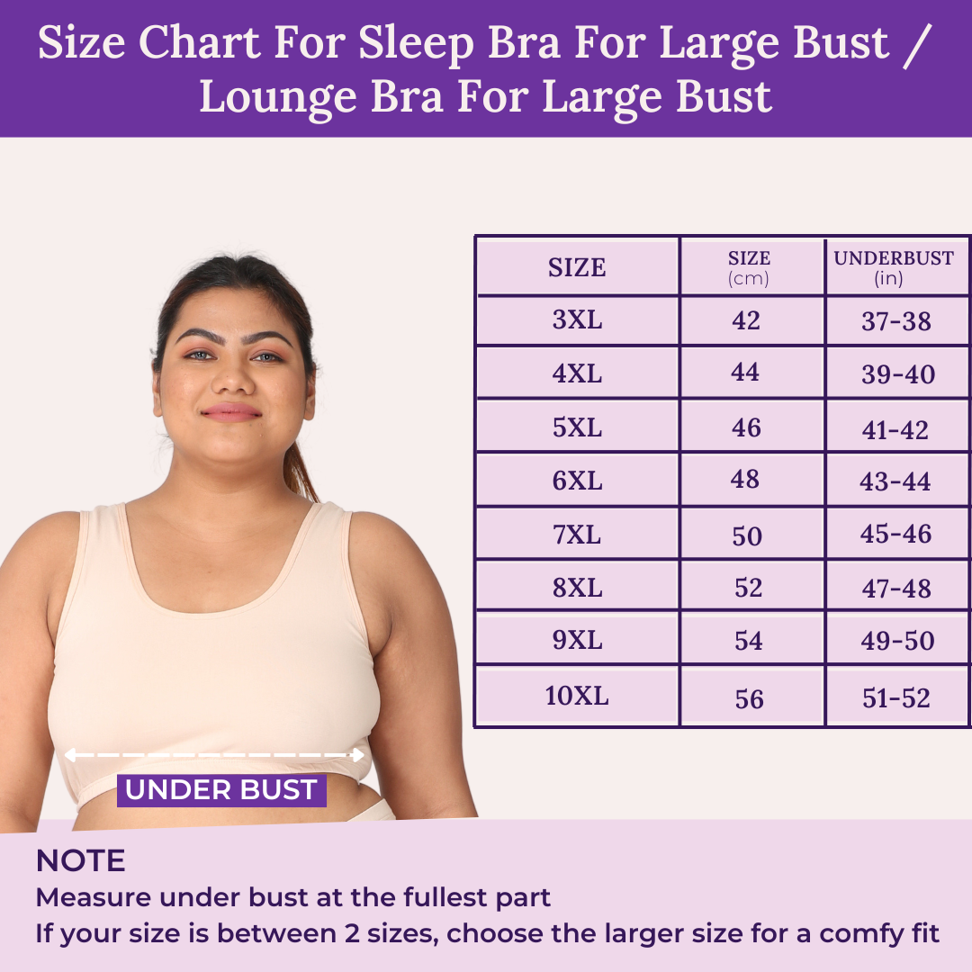 Size Chart For Sleep Bra For Large Bust / Lounge Bra For Large Bust