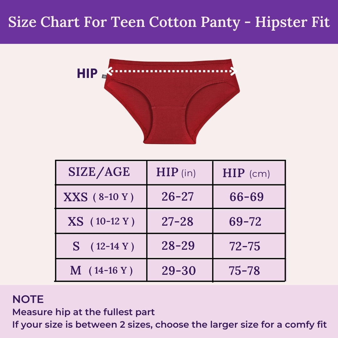 Size Chart For Teen Cotton Panty - Hipster Fit