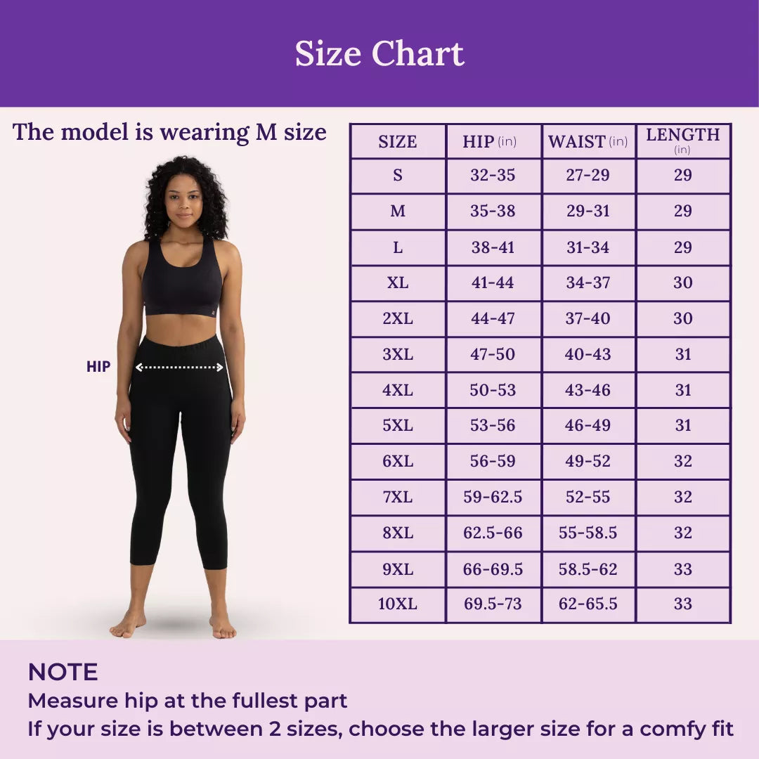 Size Chart For 3/4 Cotton Leggings Black