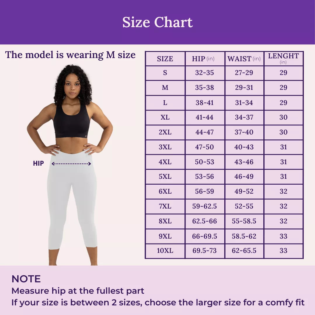 Size Chart For 3/4 Cotton Leggings