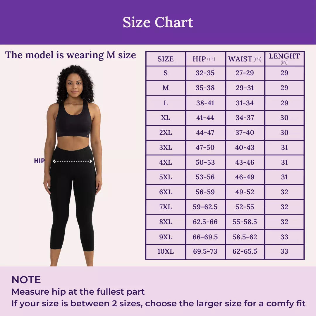 Size Chart For 3/4 Cotton Leggings