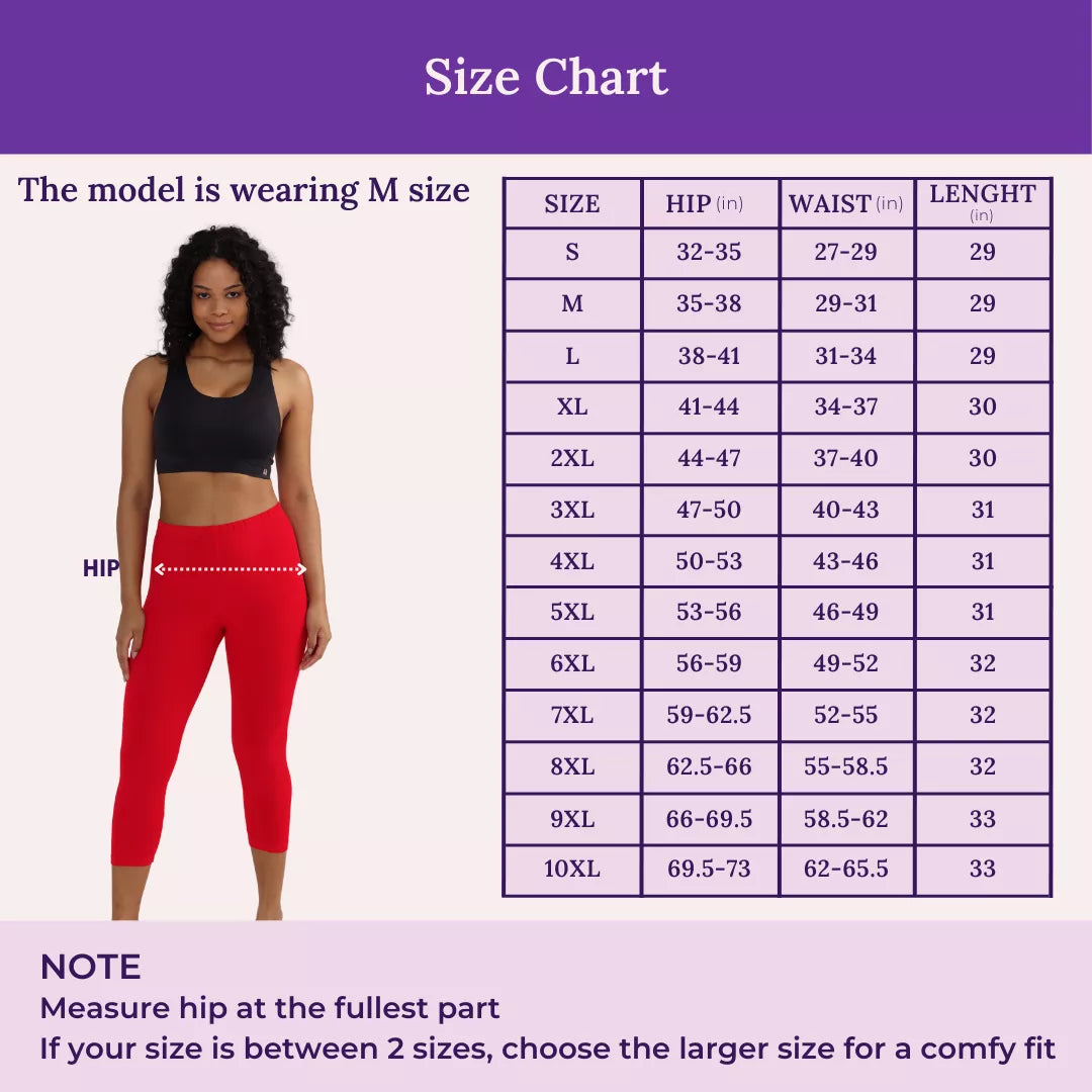 Size Chart For 3/4 Cotton Leggings