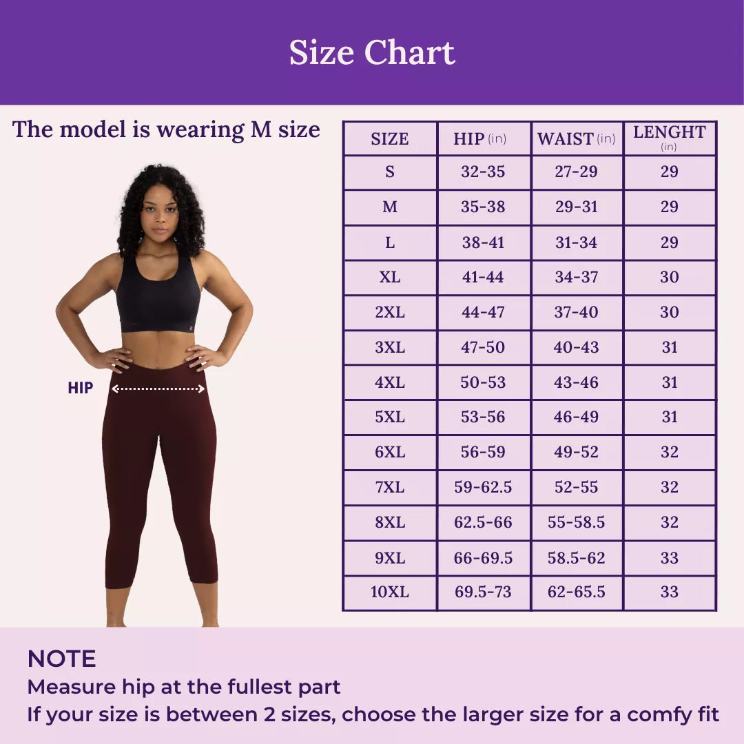Size Chart For 3/4 Cotton Leggings
