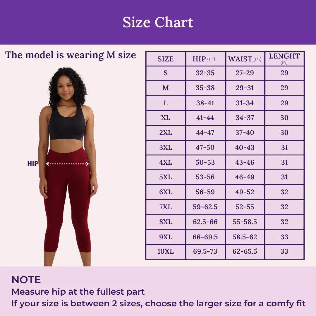 Size Chart For 3/4 Cotton Leggings