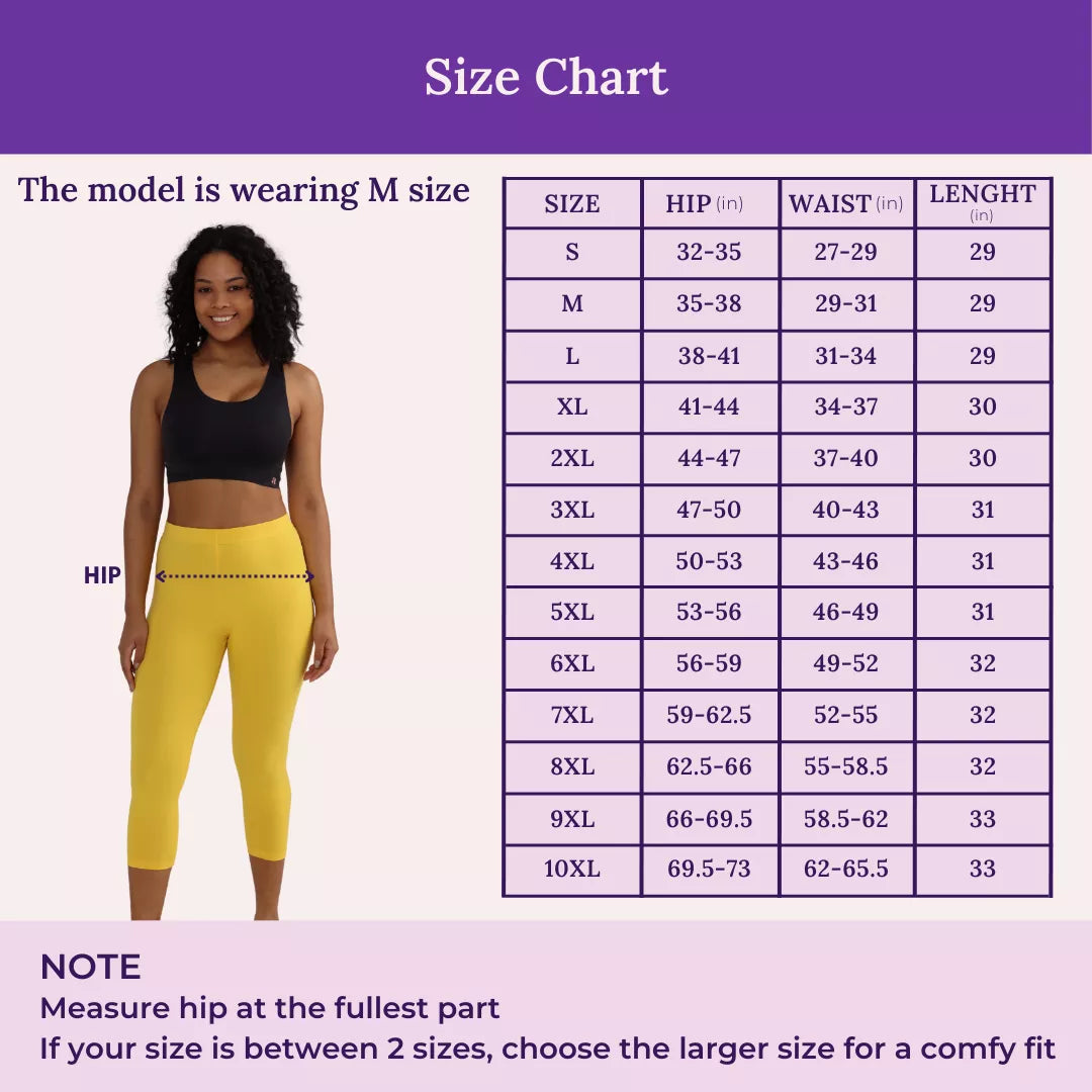 Size Chart For 3/4 Cotton Leggings