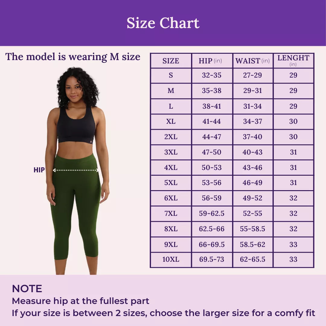 Size Chart For 3/4 Cotton Leggings