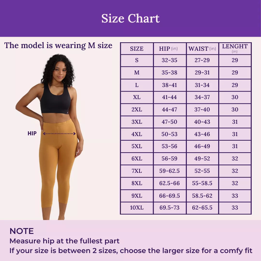 Size Chart For 3/4 Cotton Leggings