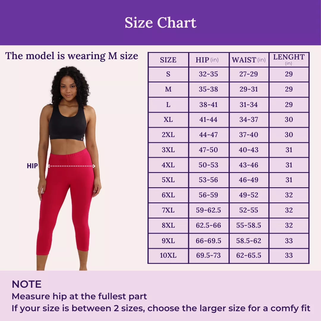 Size Chart For 3/4 Cotton Leggings
