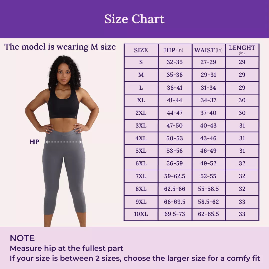 Size Chart For 3/4 Cotton Leggings