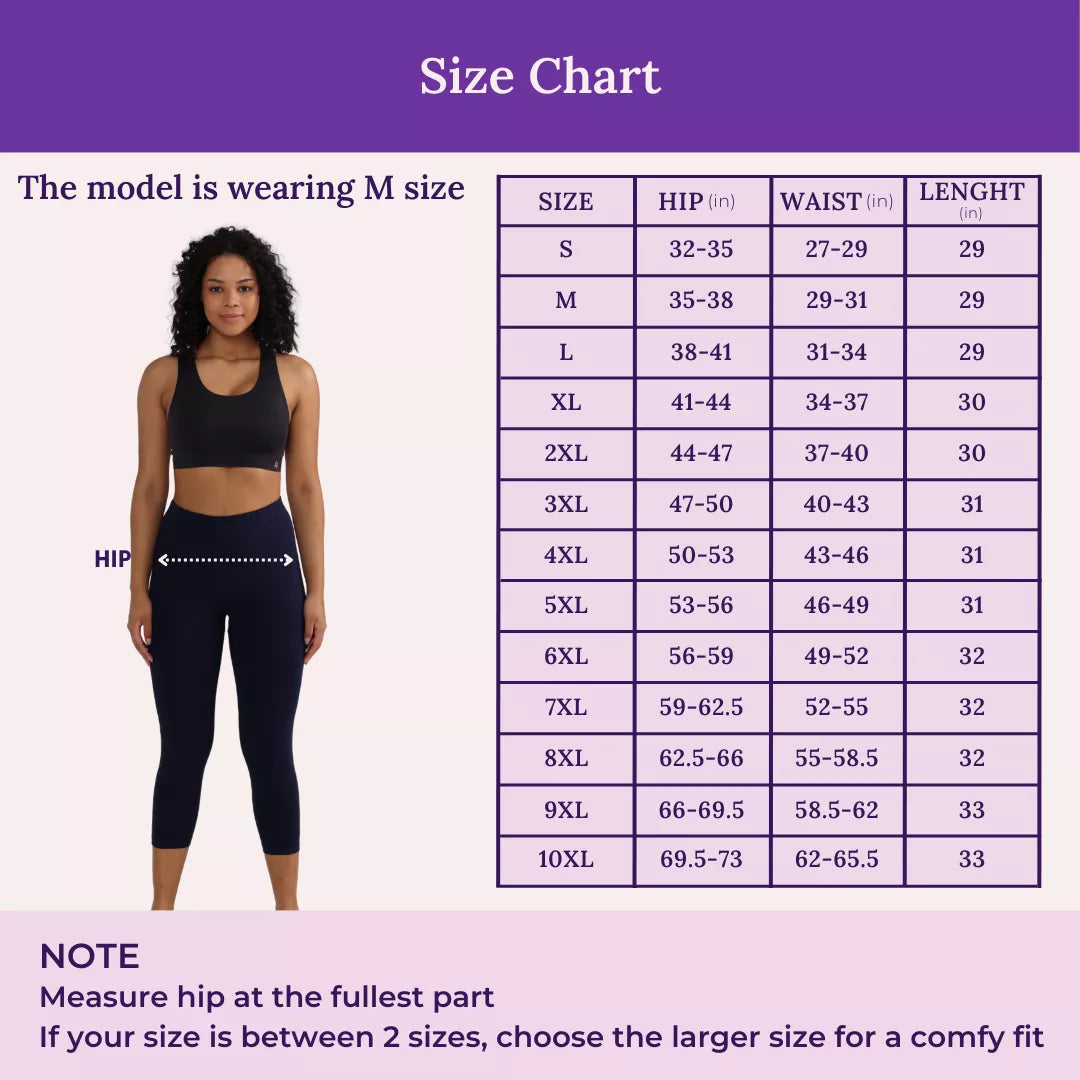 Size Chart For 3/4 Cotton Leggings