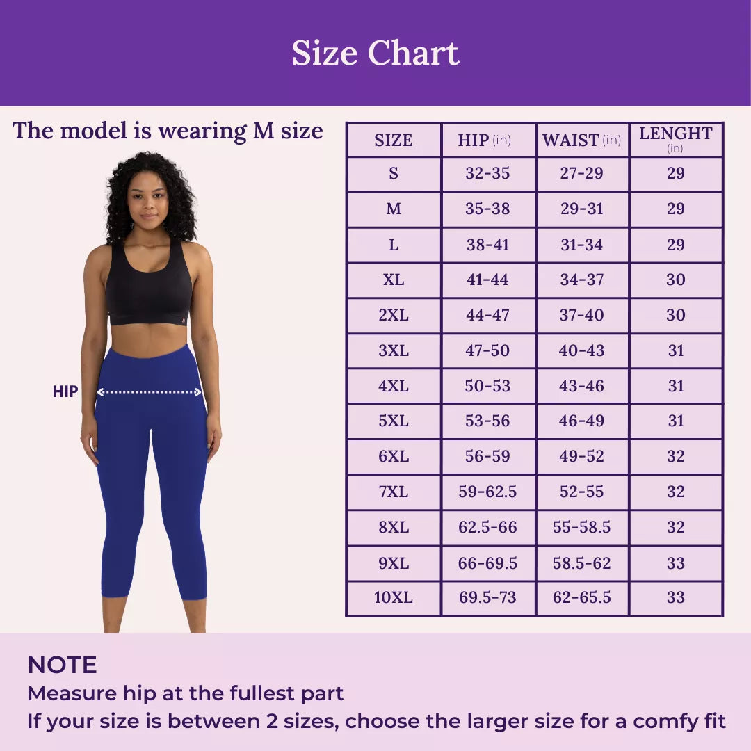 Size Chart For 3/4 Cotton Leggings