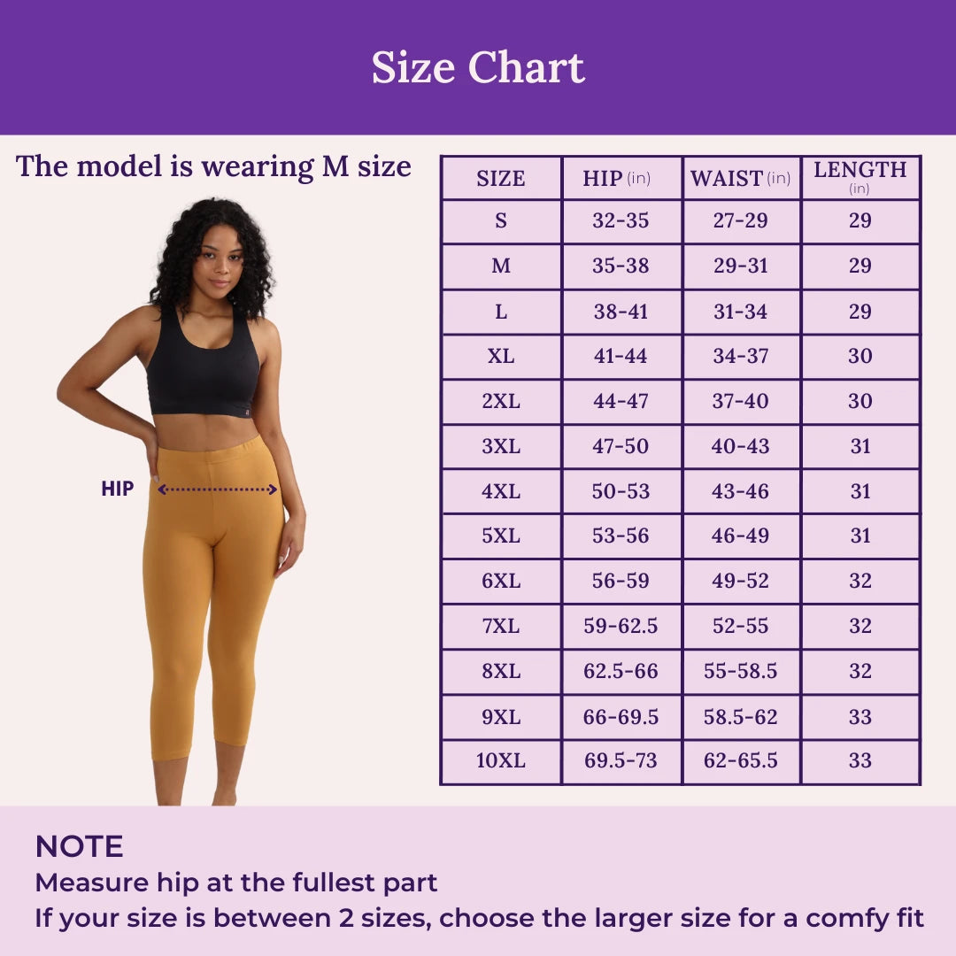 Size Chart For 3/4 Cotton Leggings