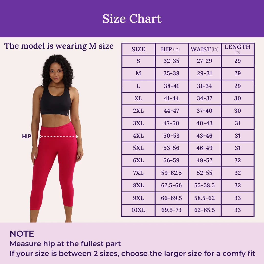 Size Chart For 3/4 Cotton Leggings
