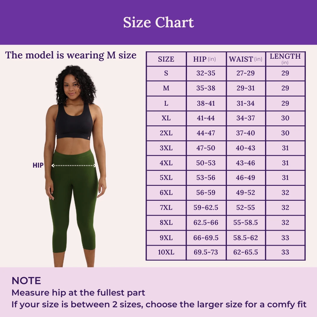 Size Chart For 3/4 Cotton Leggings