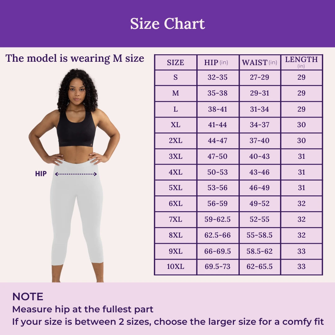 Size Chart For 3/4 Cotton Leggings