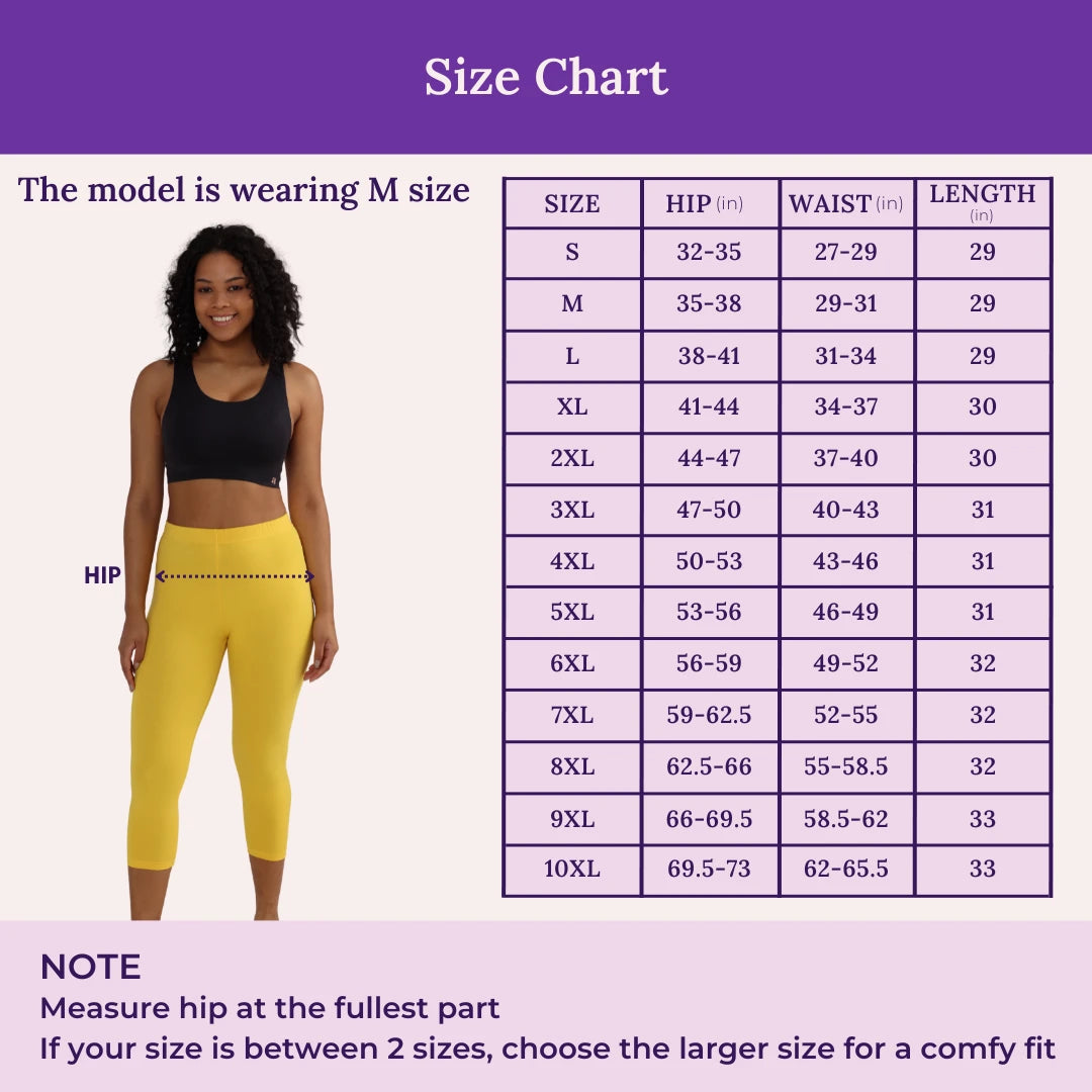 Size Chart For 3/4 Cotton Leggings
