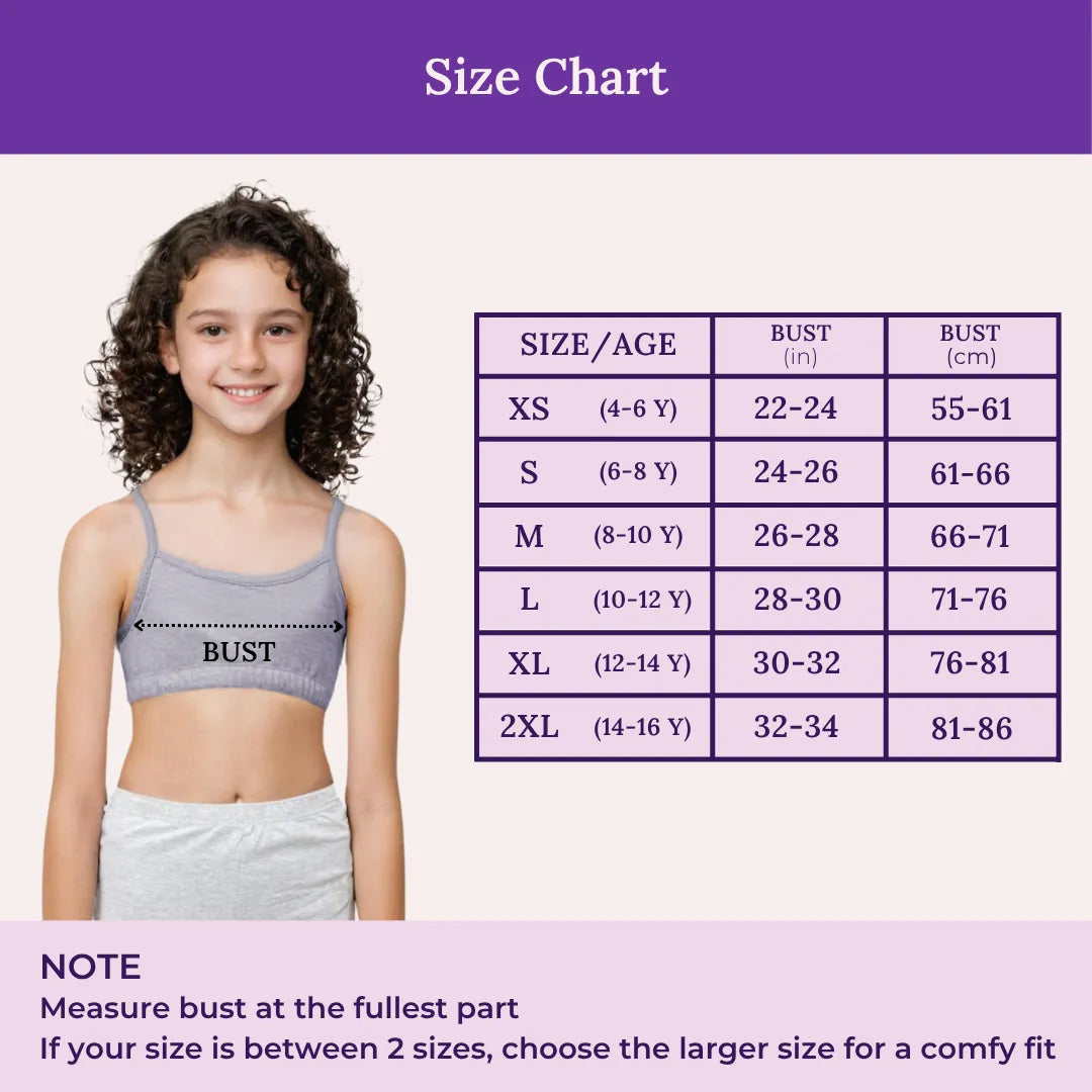Size Chart For Adira Cotton Teenager Bra 