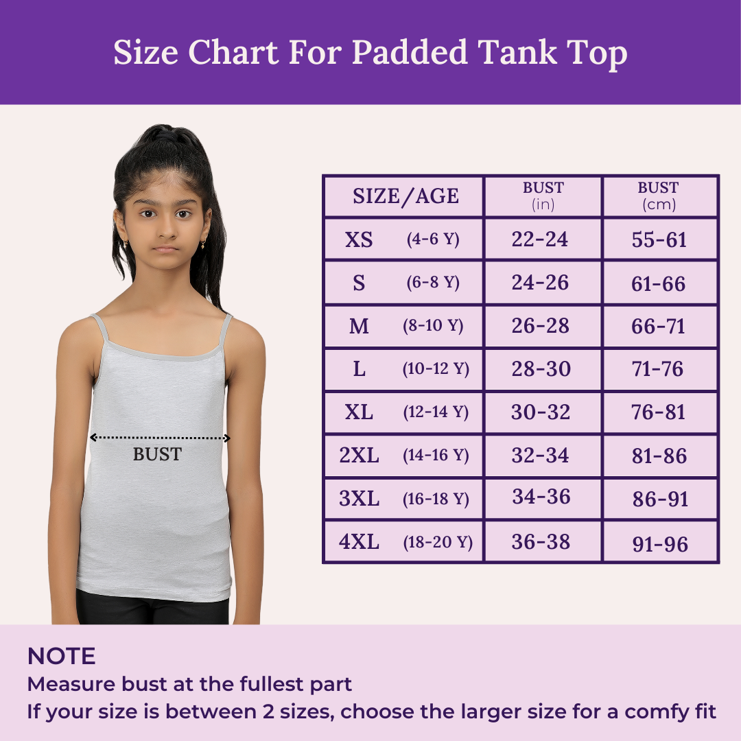 Size Chart For Adira Padded Tank Top