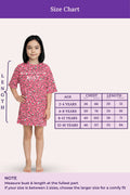 A size chart showing a young girl modeling the pink patterned dress alongside a measurement table and text instructions for measuring bust and length.