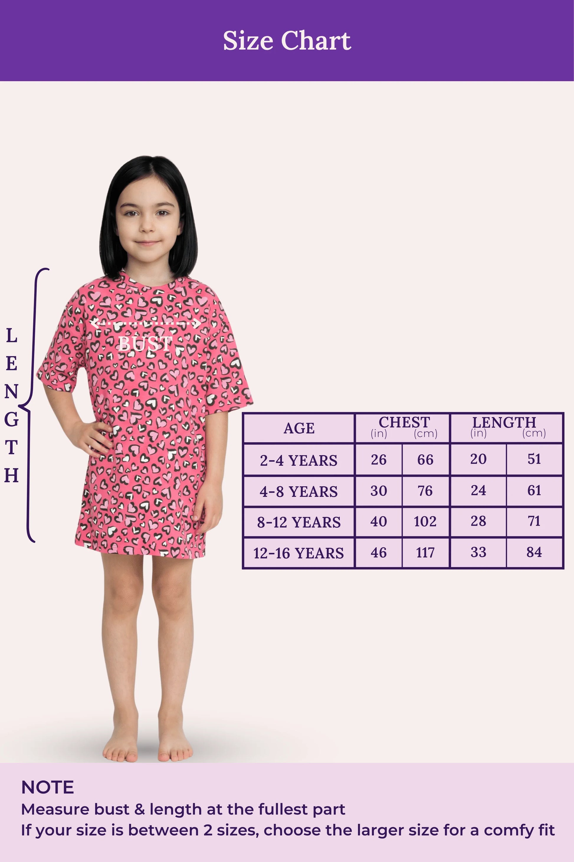 A size chart showing a young girl modeling the pink patterned dress alongside a measurement table and text instructions for measuring bust and length.
