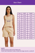 Size chart for clothing with a model and measurement guide on a purple background