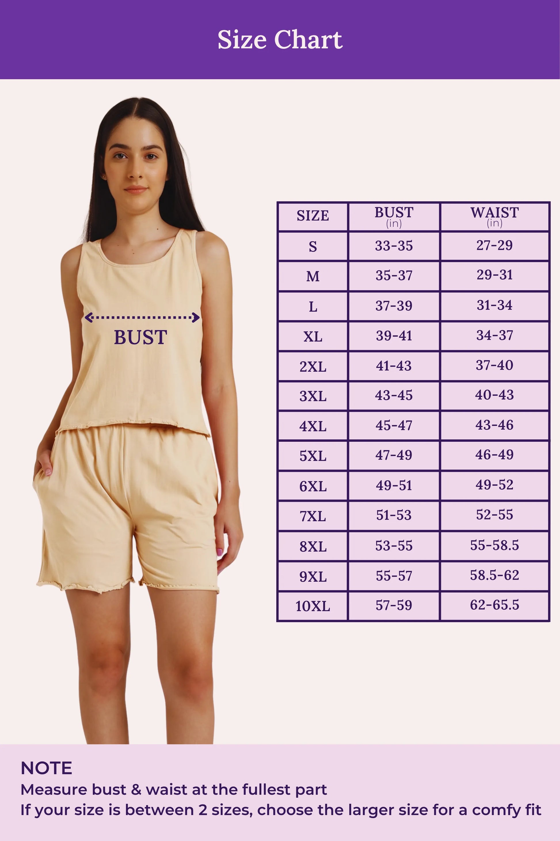 Size chart for clothing with a model and measurement guide on a purple background