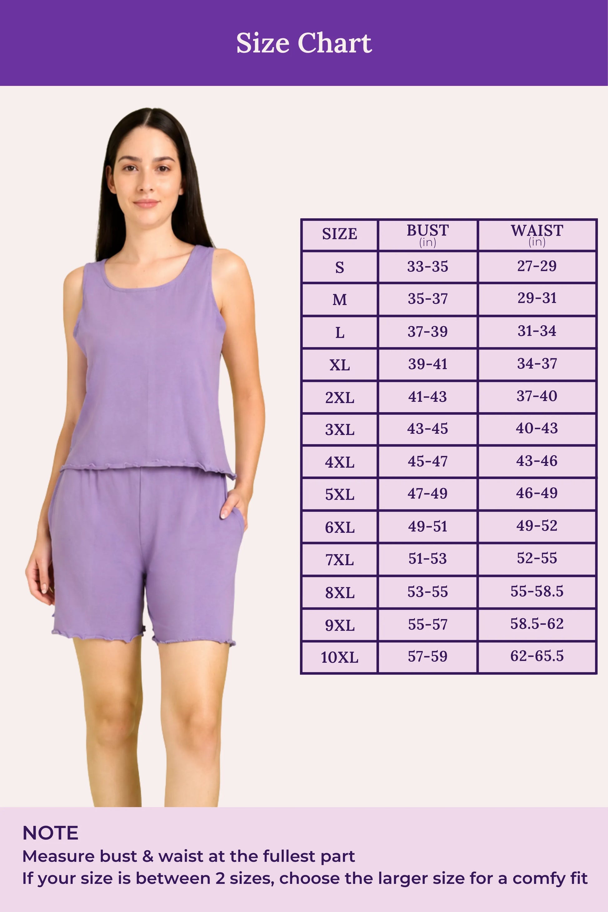 Woman wearing a lavender outfit with a size chart on a purple background