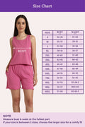 Woman wearing a rose outfit with a size chart on a purple background