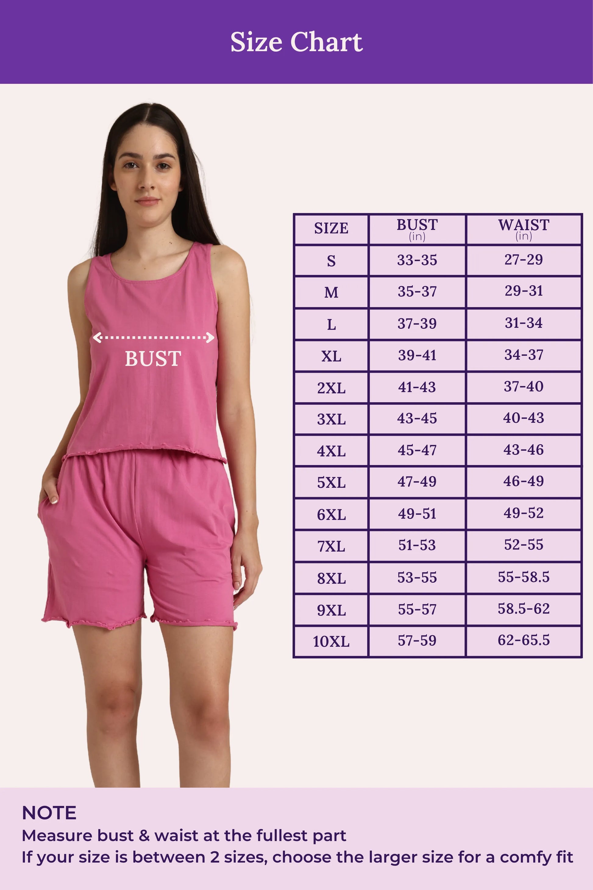 Woman wearing a rose outfit with a size chart on a purple background