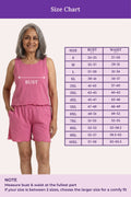 Pink two-piece lounge set size chart with a model wearing the sleeveless tank top and shorts, plus a printed size table and fit notes on a pale background.