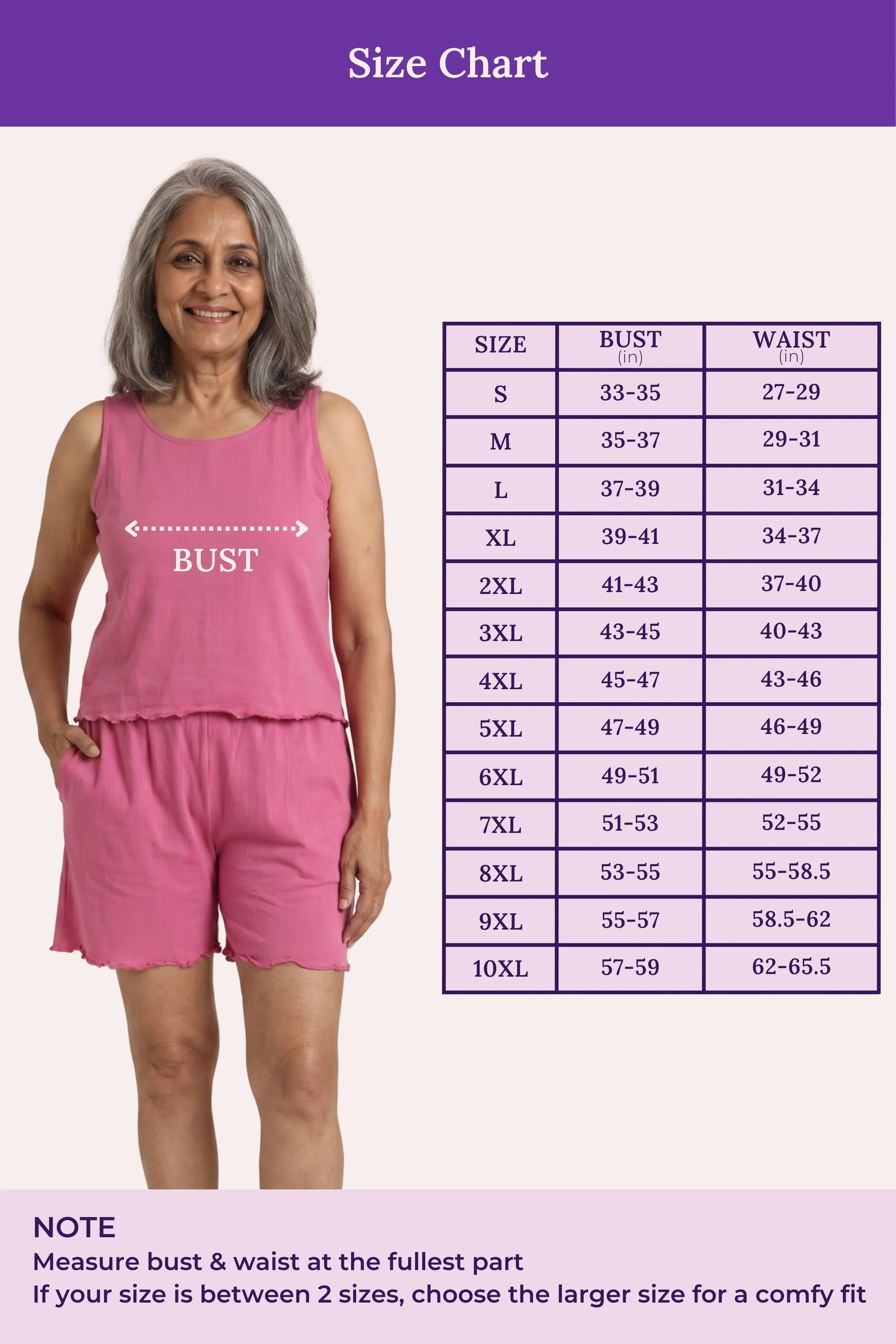 Pink two-piece lounge set size chart with a model wearing the sleeveless tank top and shorts, plus a printed size table and fit notes on a pale background.