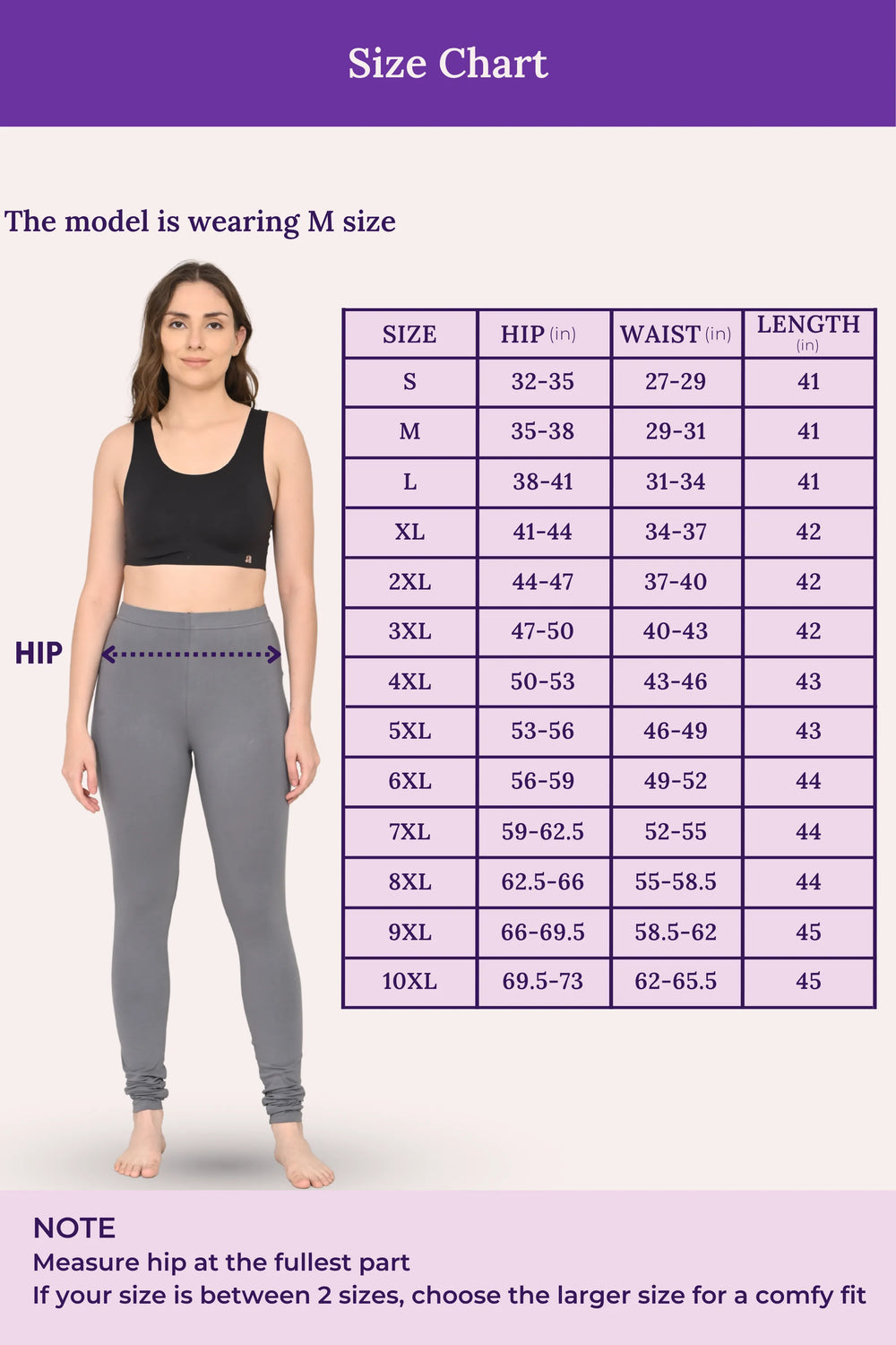 Size chart for leggings with a model wearing M size, showing measurements for hip, waist, and length.
