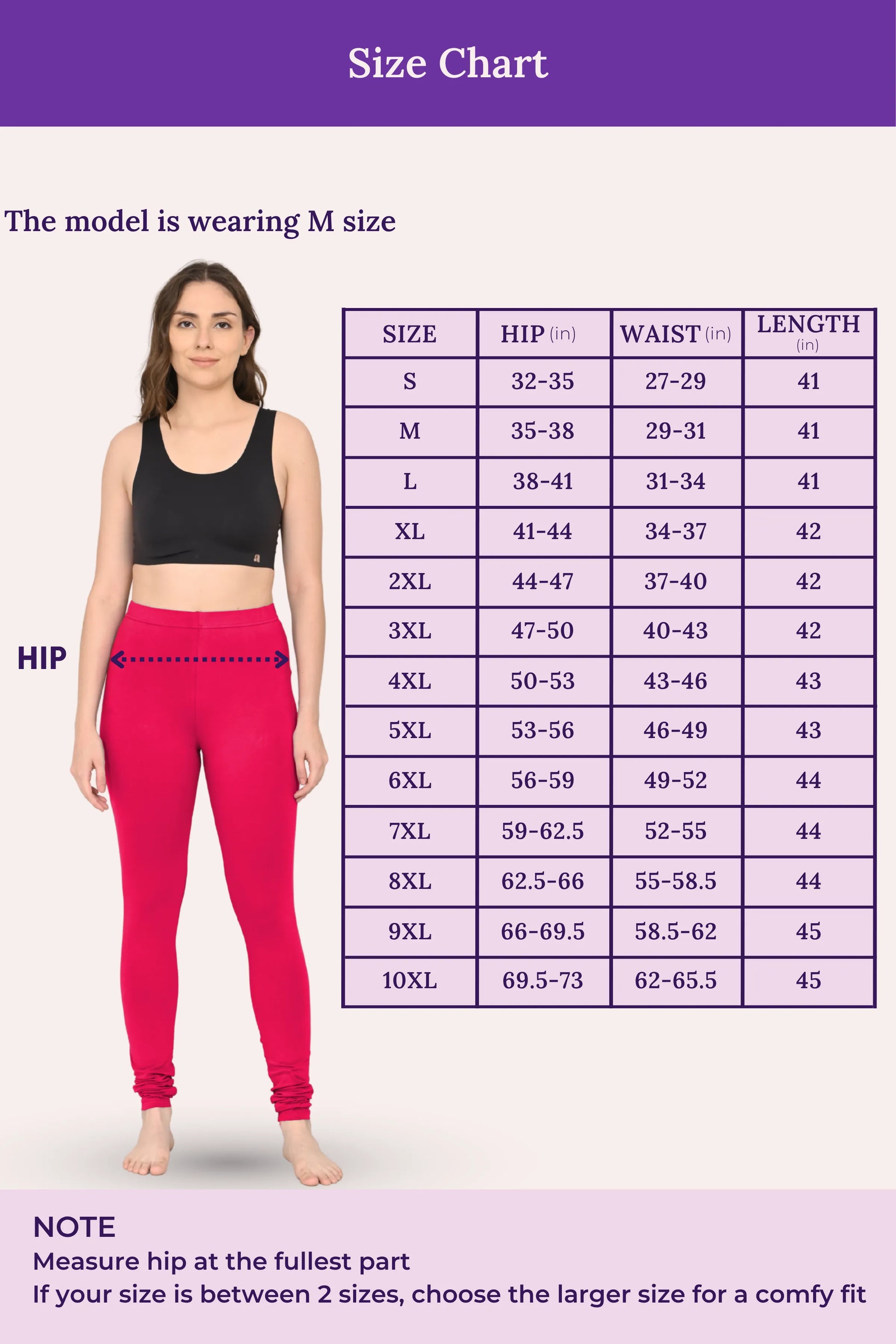 Women's churidar leggings in dark pink – size chart