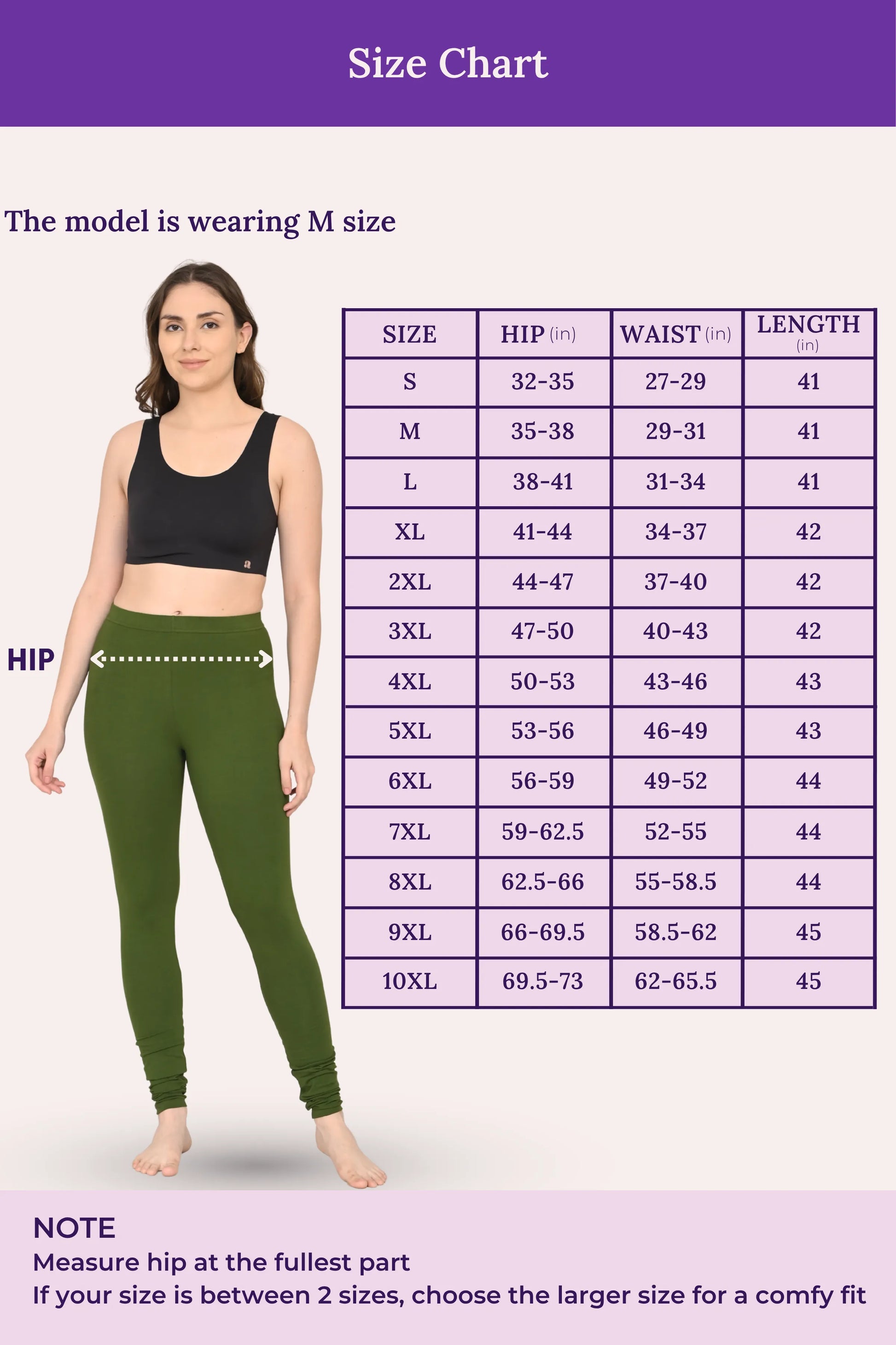Size guide for girls' green churidar leggings