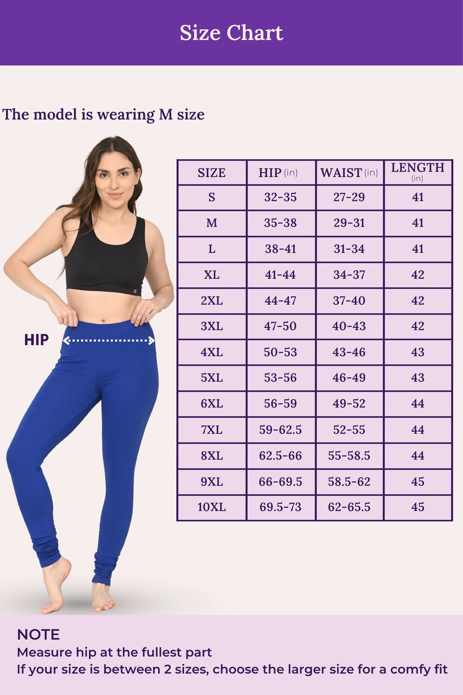 Size guide for women's royal blue churidar leggings