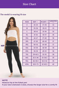 Size chart for leggings with a model wearing M size, showing measurements in hip, waist, and length