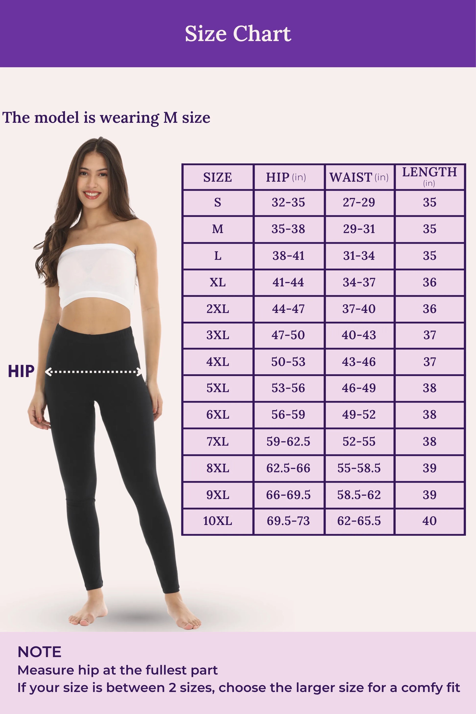 Size chart for leggings with a model wearing M size, showing measurements in hip, waist, and length