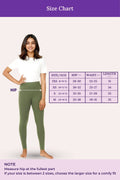 Size chart for leggings with a model wearing green leggings on a light purple background