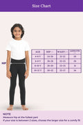 Size chart for girl's leggings with a girl model and measurement guide.
