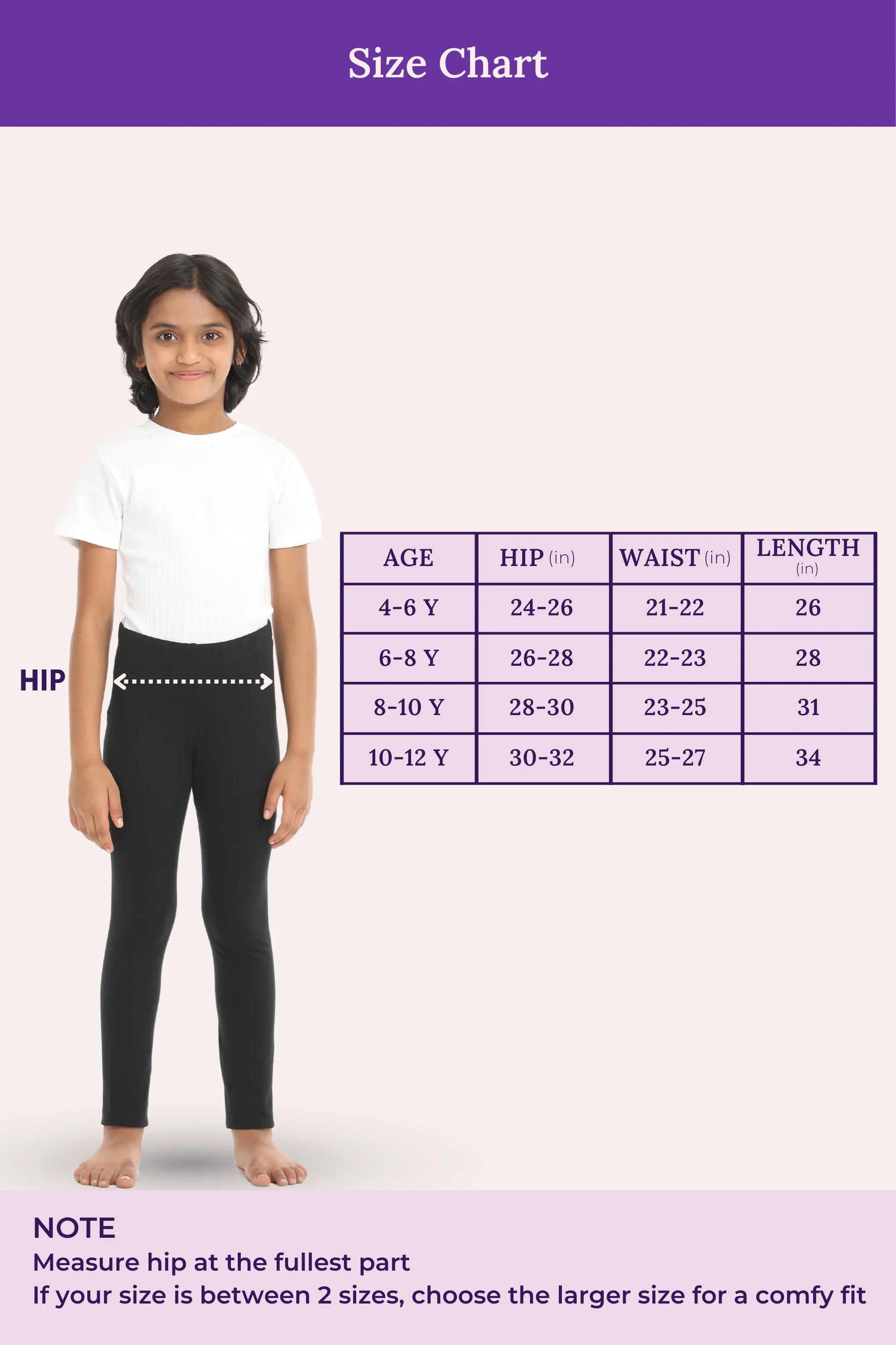 Size chart for girl's leggings with a girl model and measurement guide.