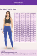 Size chart for leggings with a model wearing M size, showing measurements for hip, waist, and length