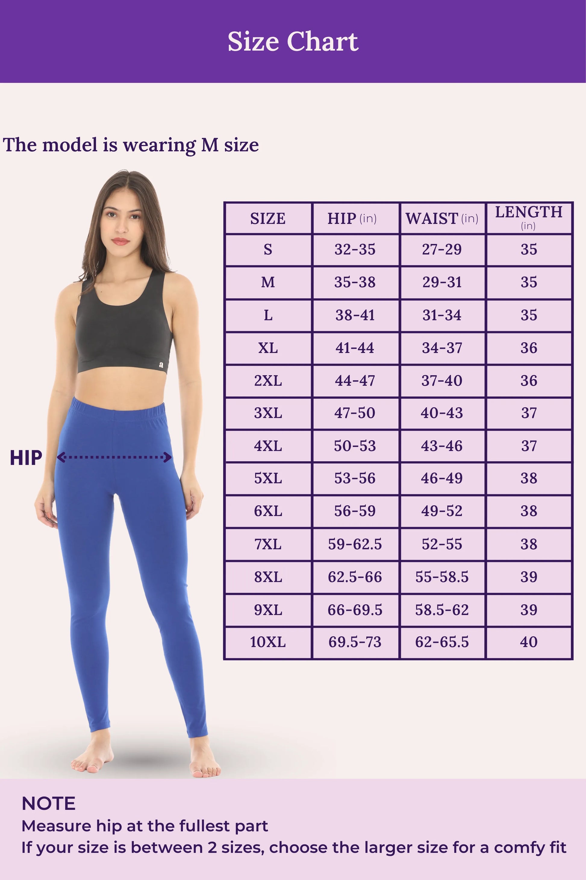 Size chart for leggings with a model wearing M size, showing measurements for hip, waist, and length