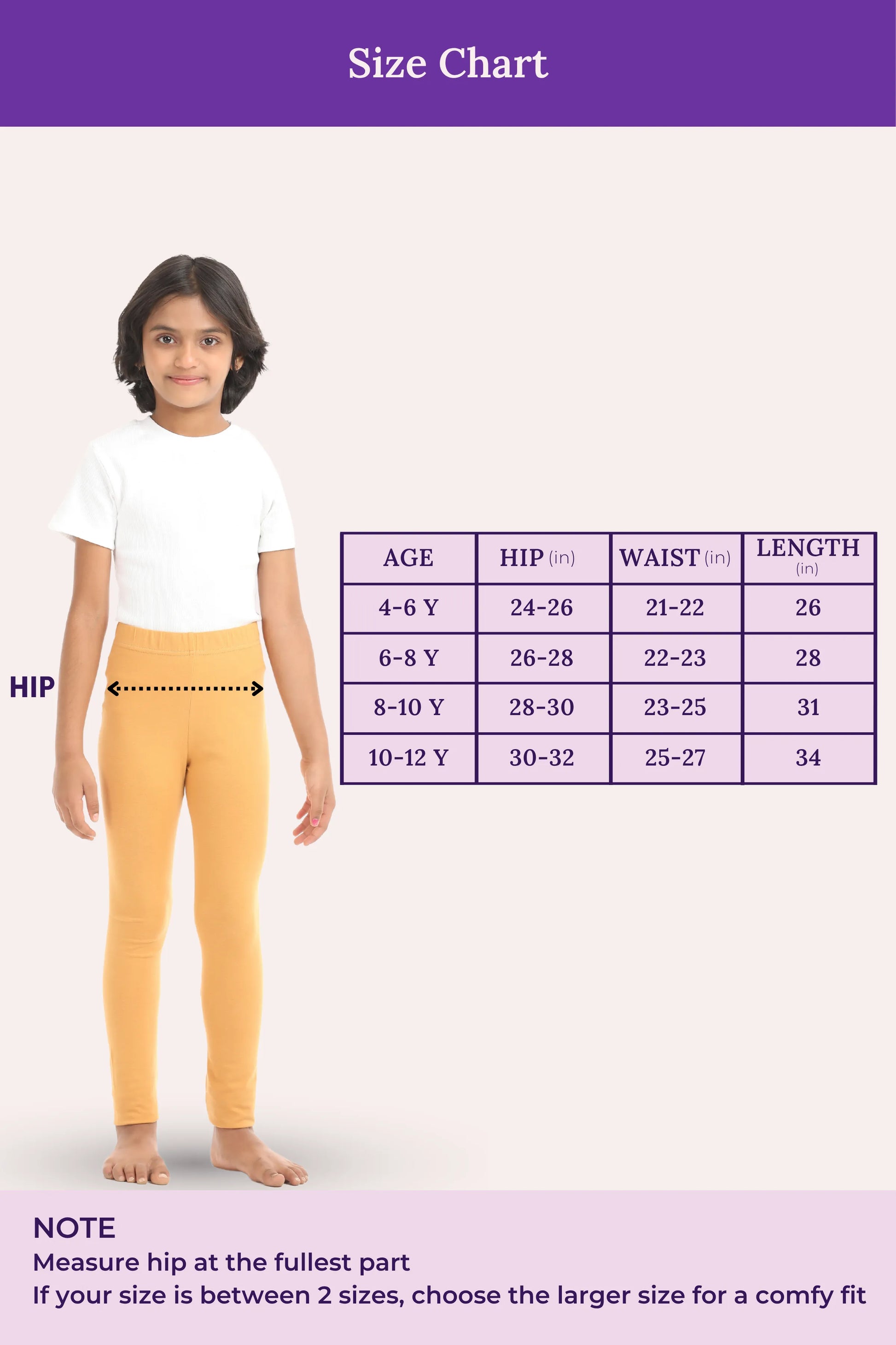 size chart for girls leggings - color- carmel