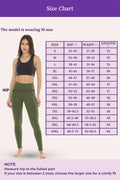 Size chart for leggings with a model wearing M size, showing measurements in hip, waist, and length