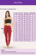 Size chart for clothing with a model wearing M size, showing measurements for hip, waist, and length